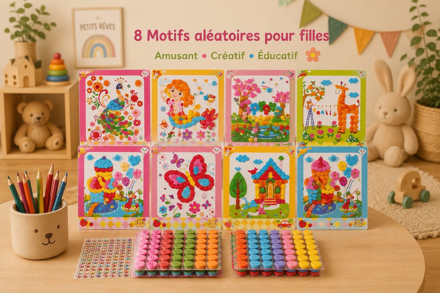🖼️ Lot de 8 tableaux créatifs à boutons autocollants