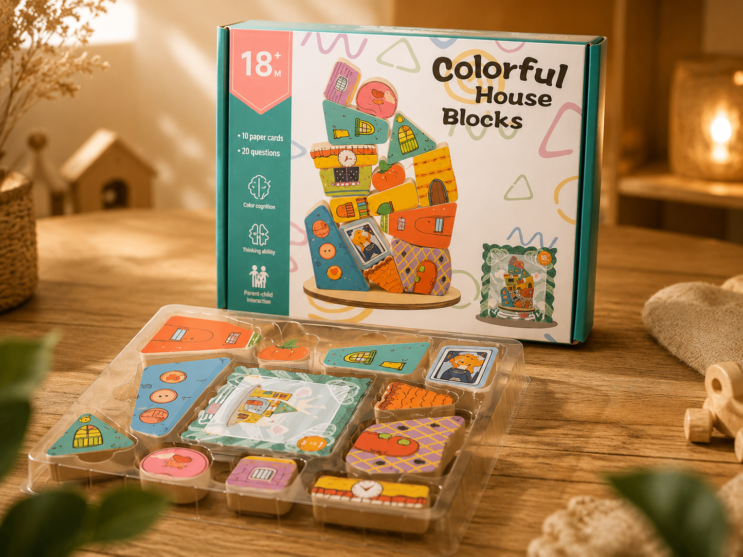 🏡 Jeu de construction coloré en bois – Équilibre & logique