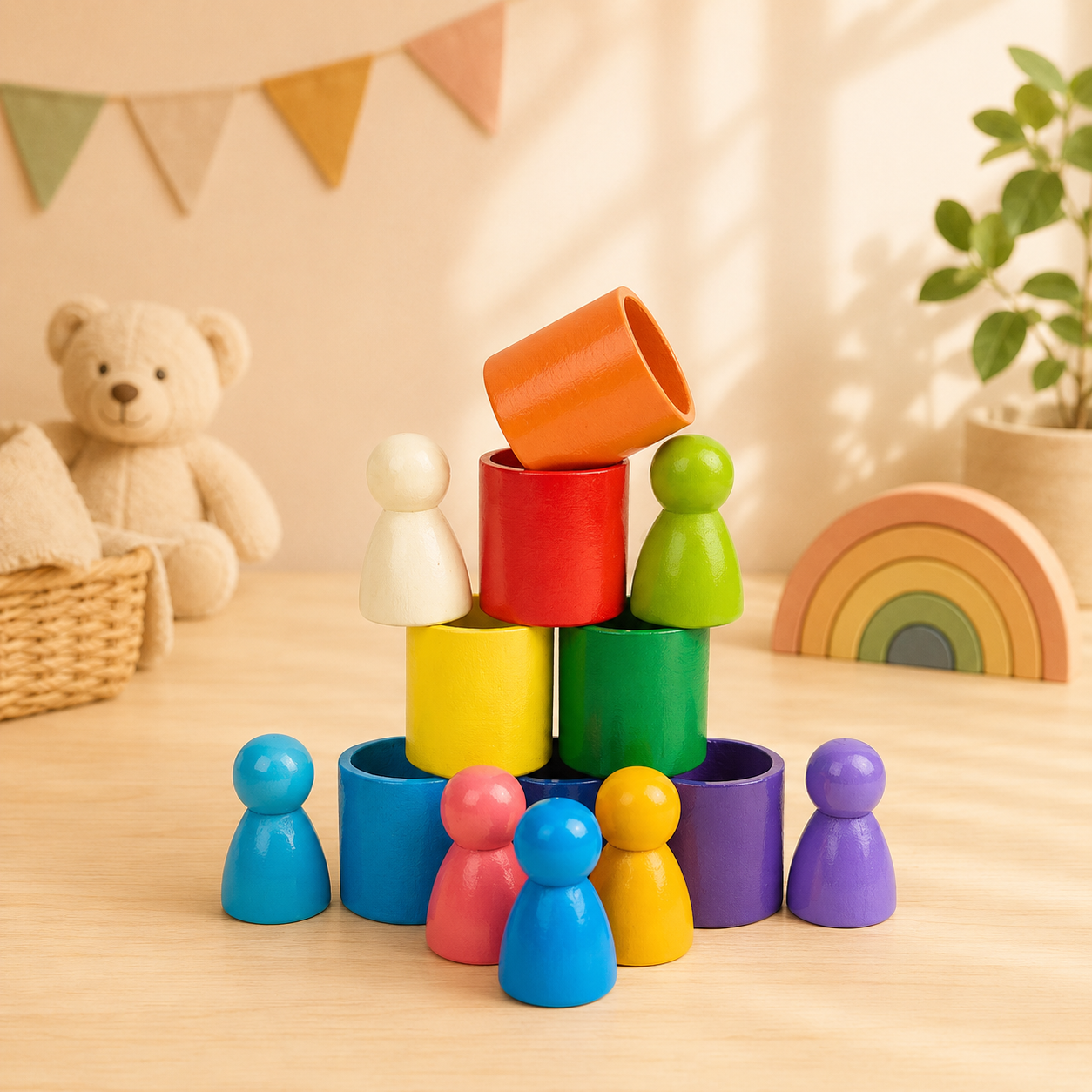 🏗️ Jeux de construction en bois Montessori arc-en-ciel