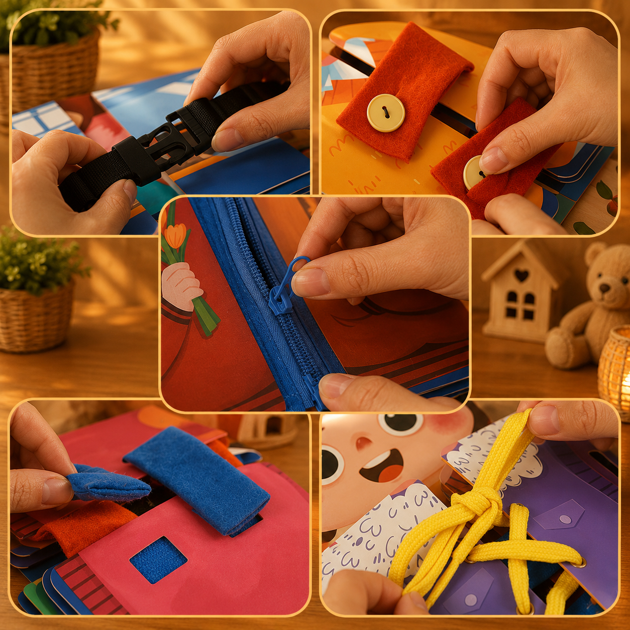 🧩 Tableau d'activités Montessori en bois – Apprendre les gestes du quotidien