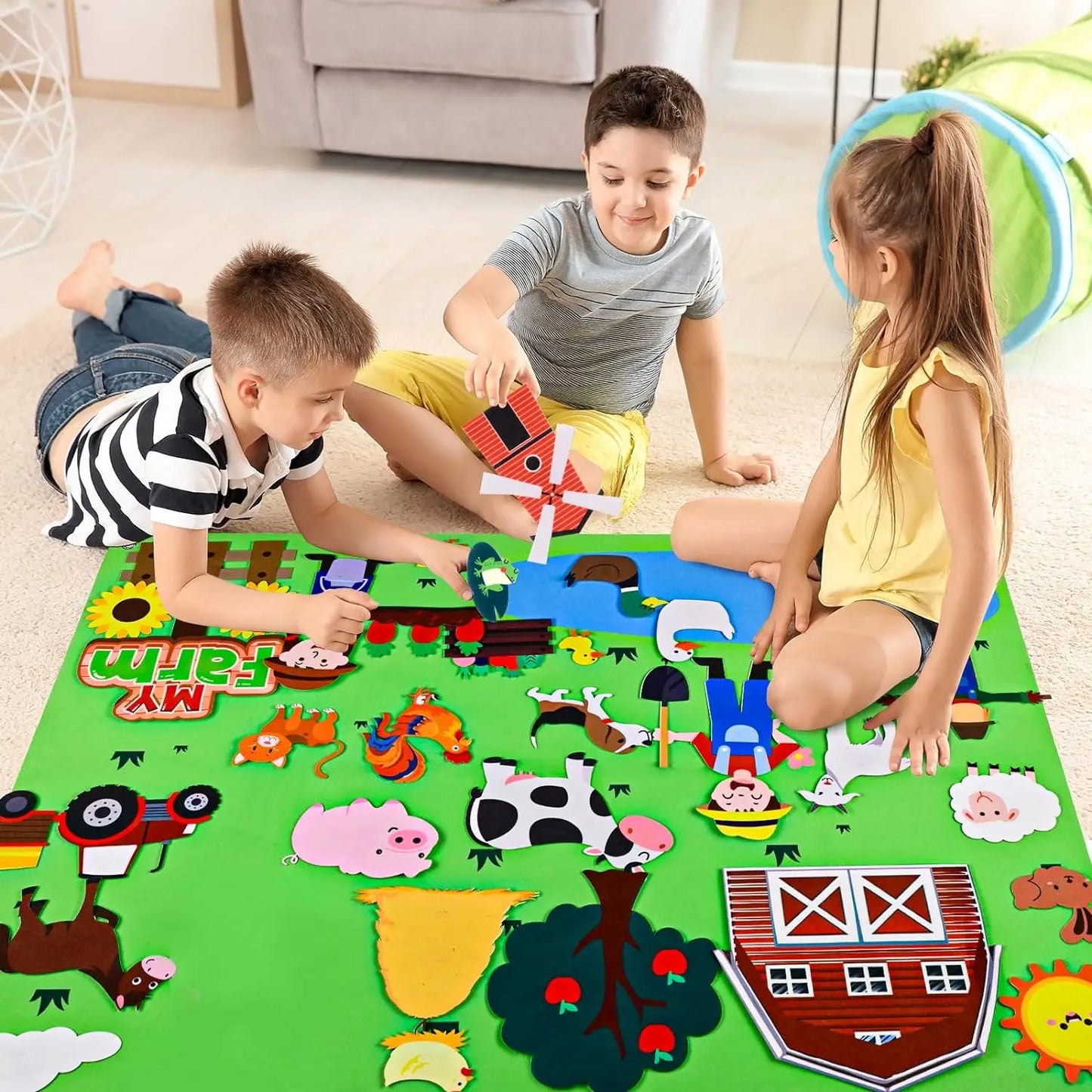 Tableau d'activités en feutrine sur le thème des animaux de la ferme 4 en 1 : histoires, ferme, zoo marin, véhicules, apprentissage précoce, décoration murale interactive, cadeaux