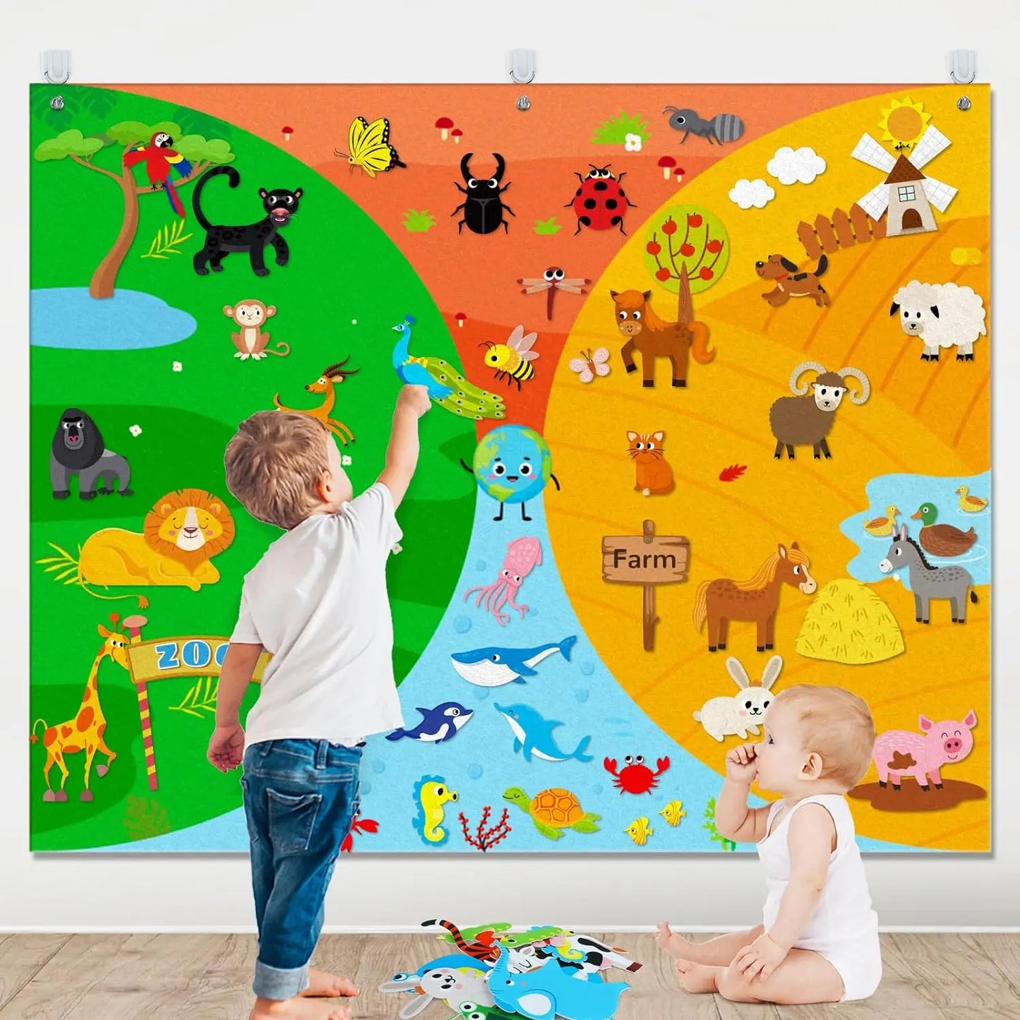 Tableau d'activités en feutrine sur le thème des animaux de la ferme 4 en 1 : histoires, ferme, zoo marin, véhicules, apprentissage précoce, décoration murale interactive, cadeaux