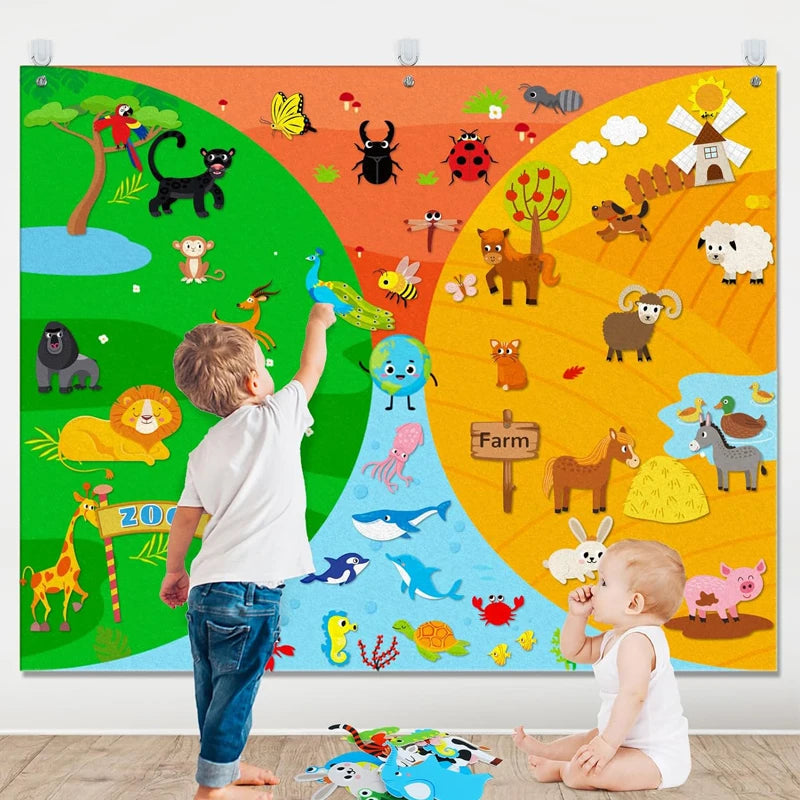 Tableau d'activités en feutrine sur le thème des animaux de la ferme 4 en 1 : histoires, ferme, zoo marin, véhicules, apprentissage précoce, décoration murale interactive, cadeaux