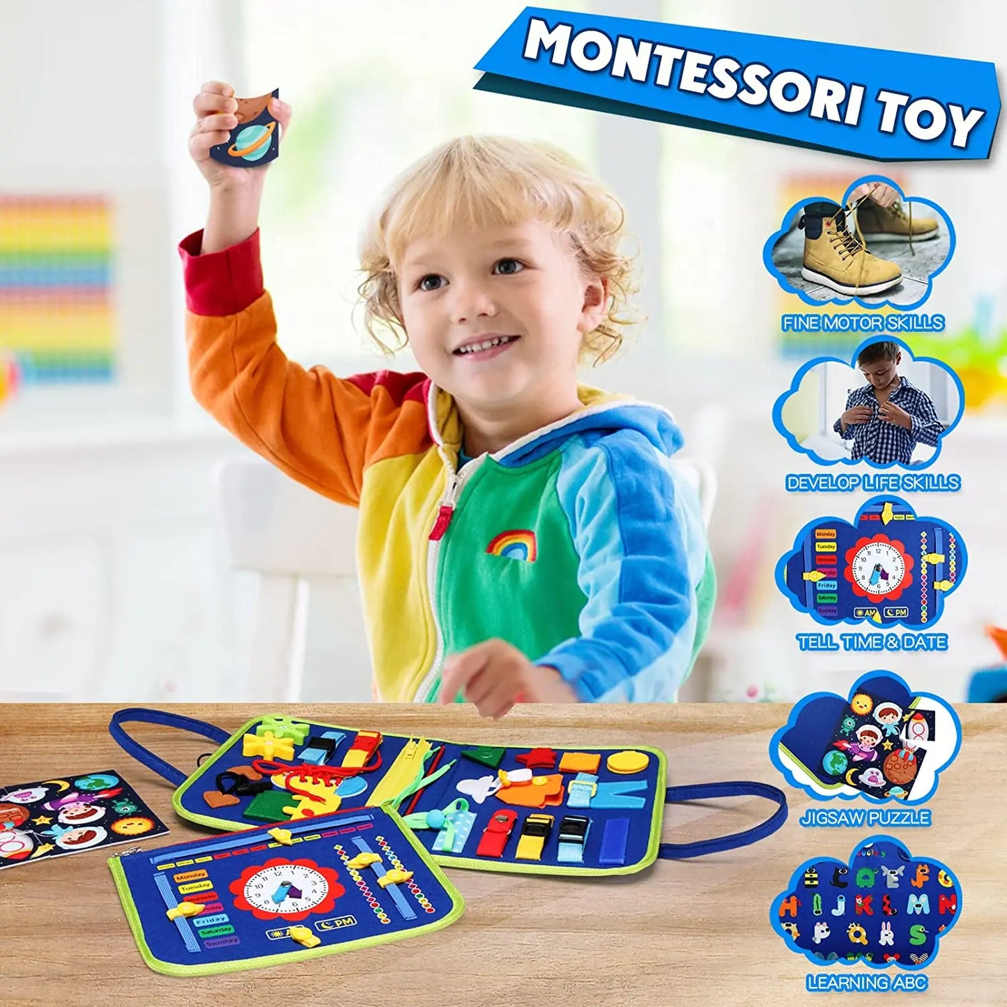 Tableau d'activités Montessori pour tout-petits, jouet sensoriel, apprentissage préscolaire, activités éducatives de voyage pour les tout-petits, motricité fine