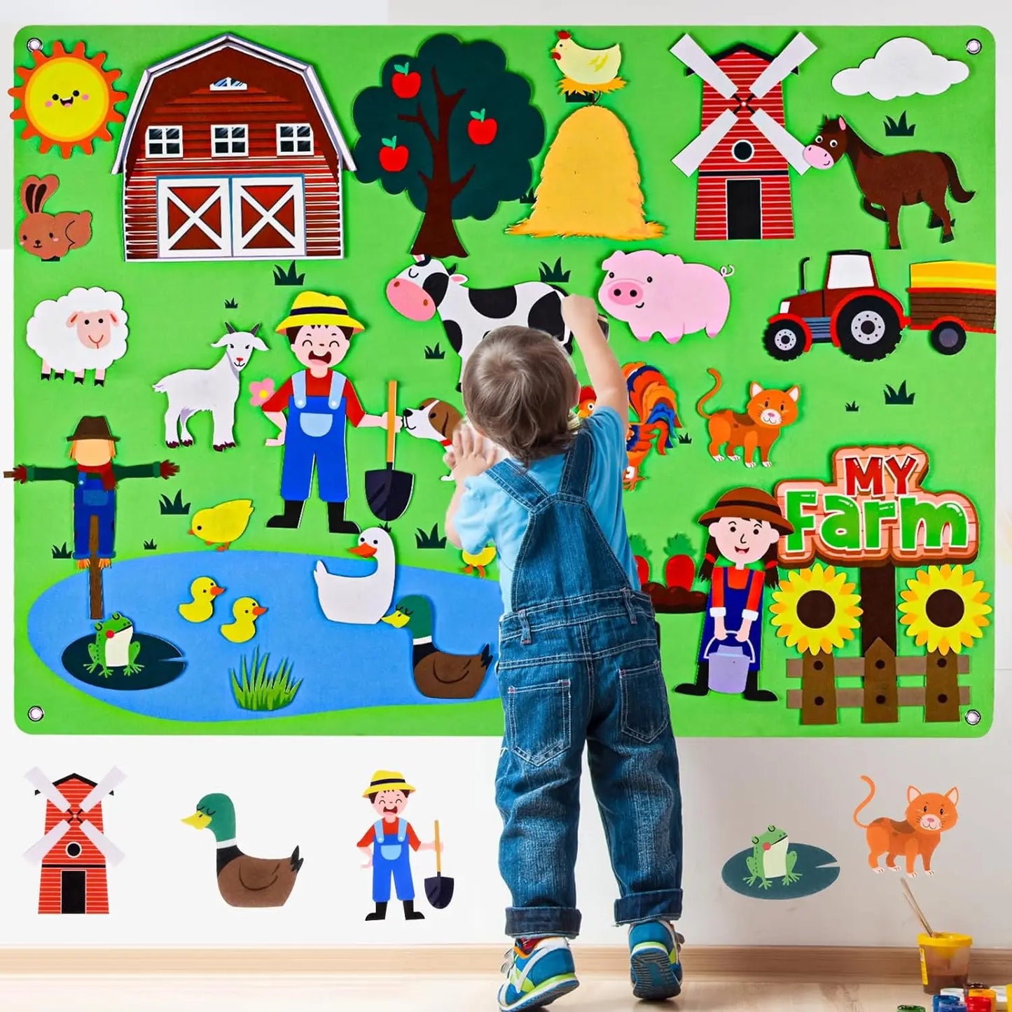Tableau d'activités en feutrine sur le thème des animaux de la ferme 4 en 1 : histoires, ferme, zoo marin, véhicules, apprentissage précoce, décoration murale interactive, cadeaux