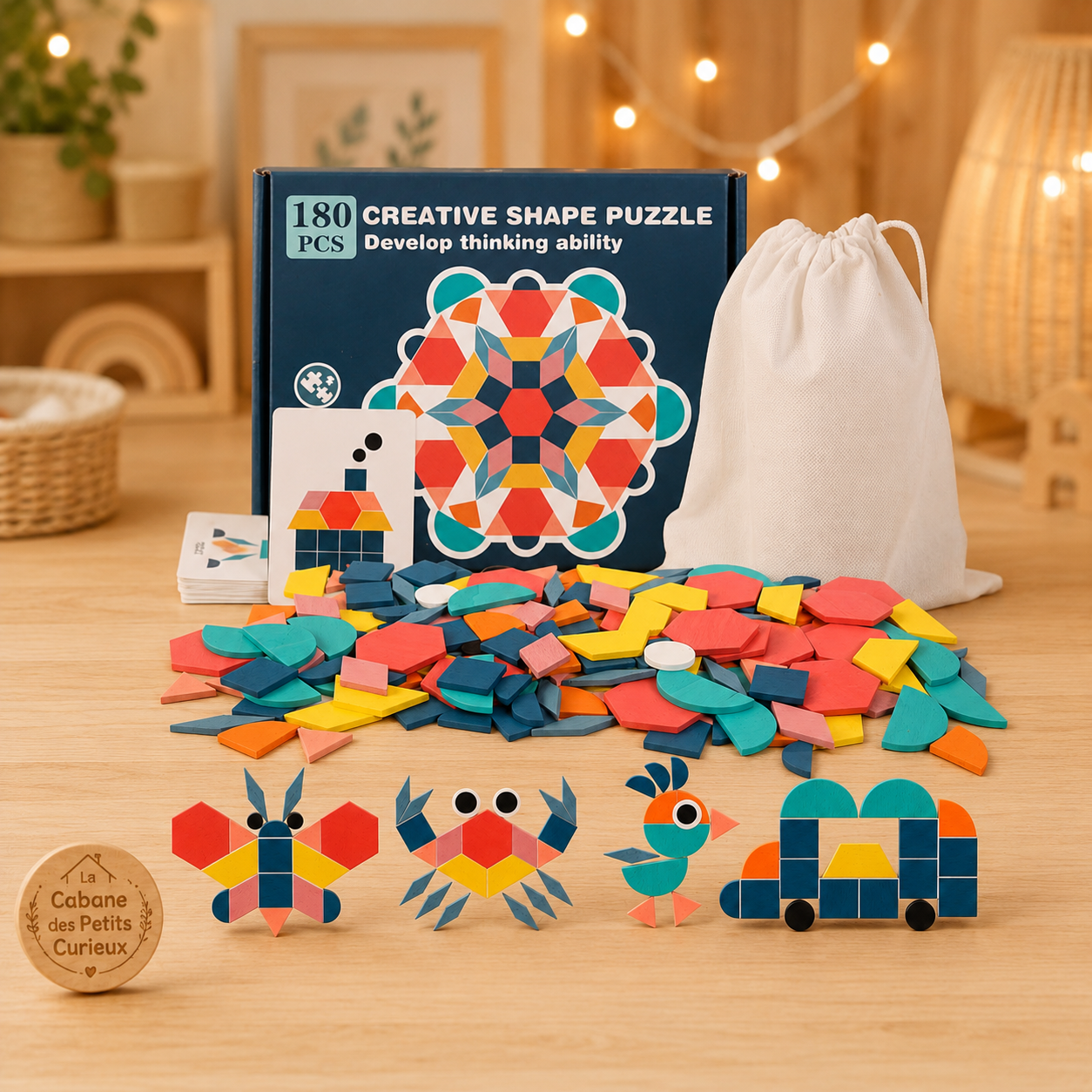 🧩 Puzzle créatif en bois 180 pièces – Animaux & formes