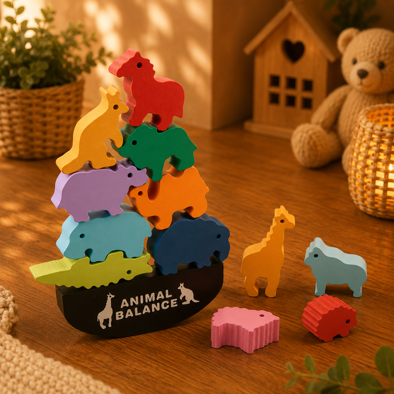 🦕 Jeu d'équilibre Montessori – Animaux en bois
