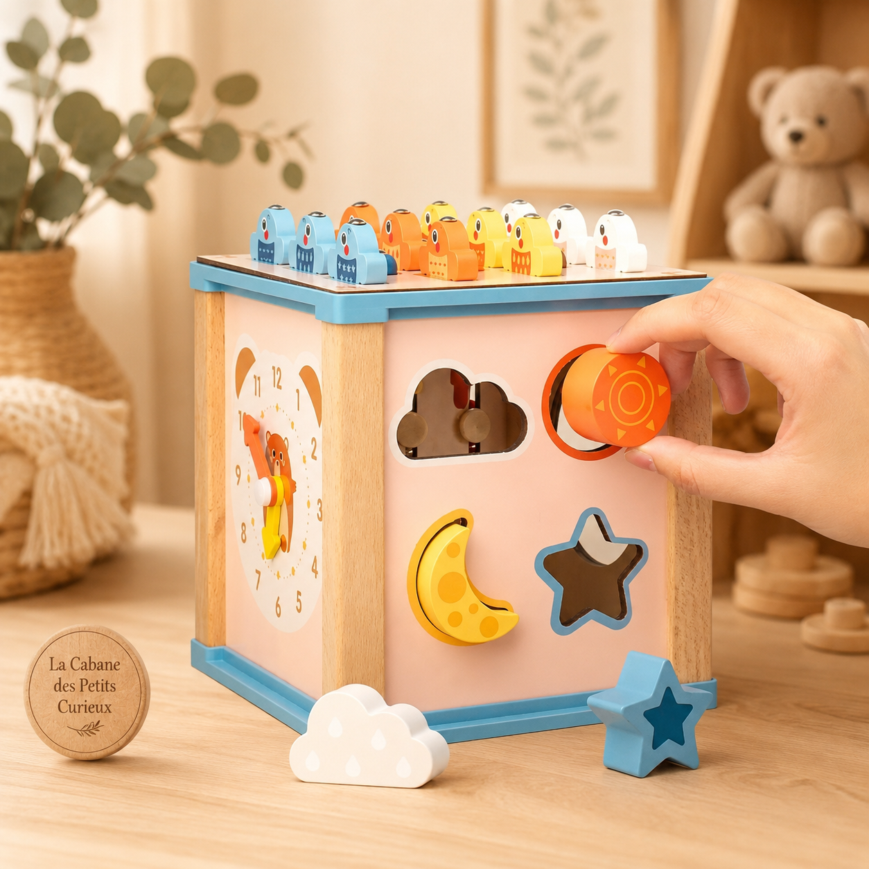 Cube d’activités en bois 9-en-1 – Éveil et motricité