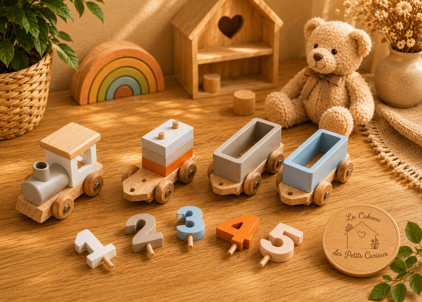 🚂 Train éducatif en bois à empiler – Jeu d'éveil avec chiffres et formes