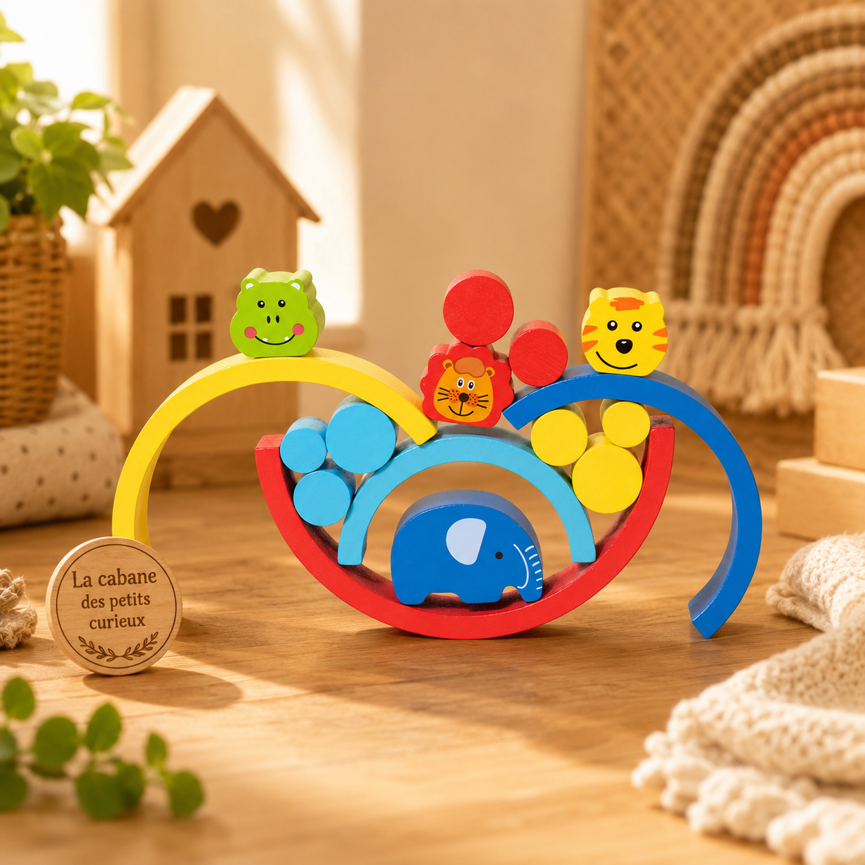 🦁 Jeu d'équilibre en bois – Animaux & Arc-en-ciel