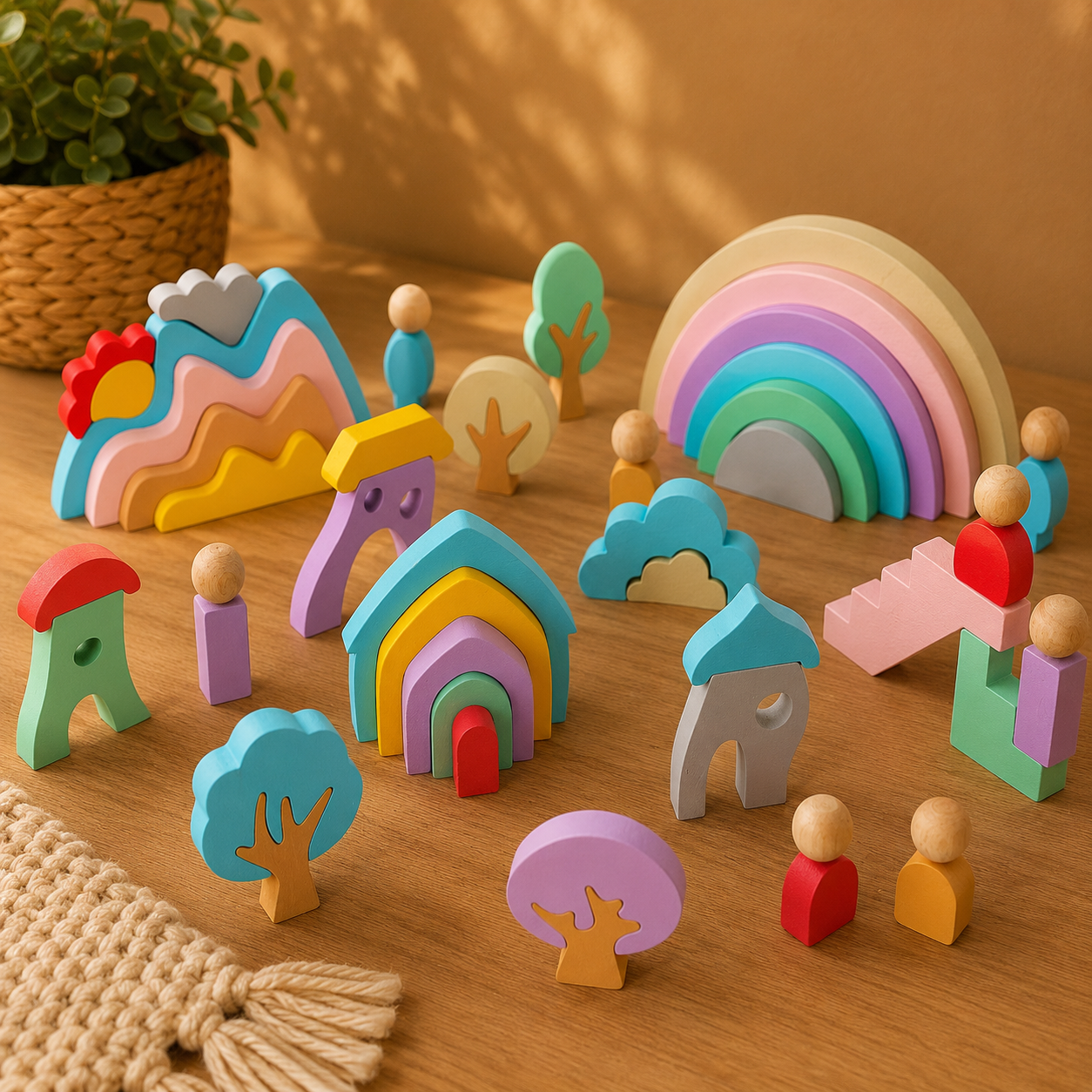 🧚 Village féerique Montessori en bois – 44 pièces