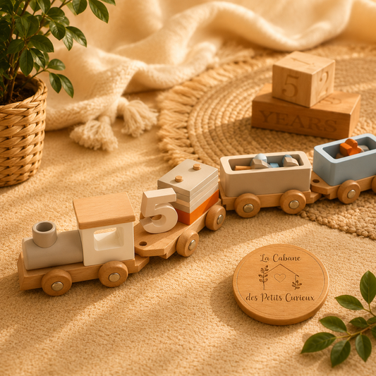 🚂 Train éducatif en bois à empiler – Jeu d'éveil avec chiffres et formes