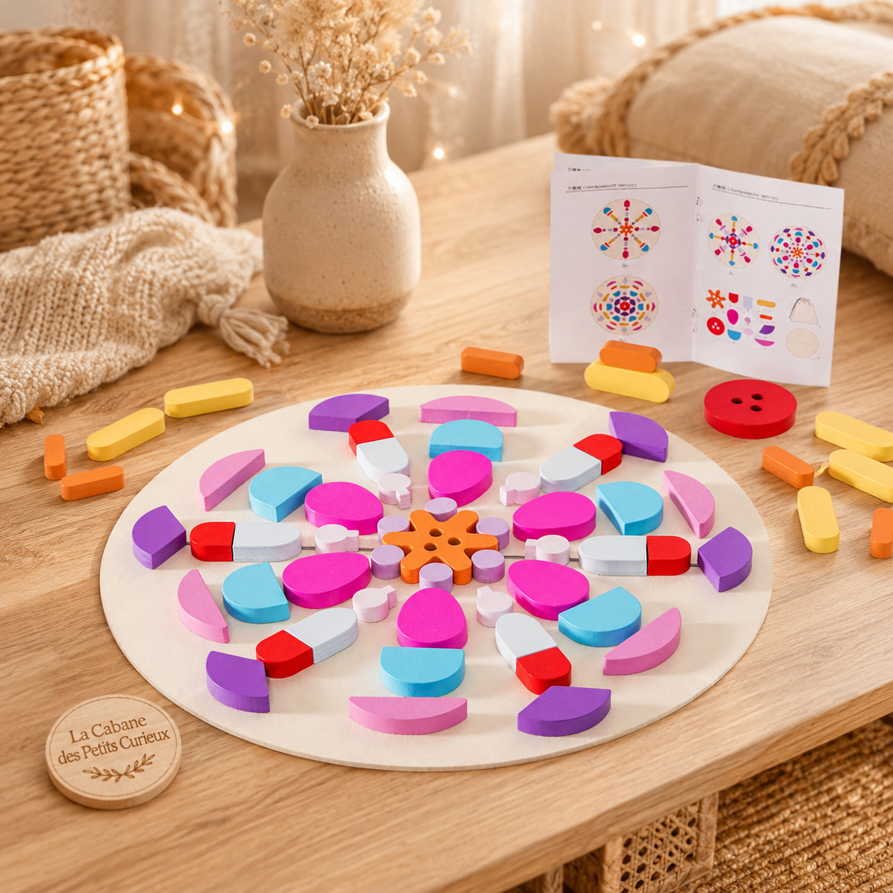 Puzzle mandala en bois – Jeu créatif de formes colorées
