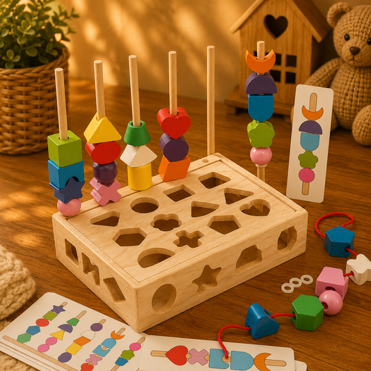 🧩 Coffret Montessori – Formes & Perles à Enfiler en Bois