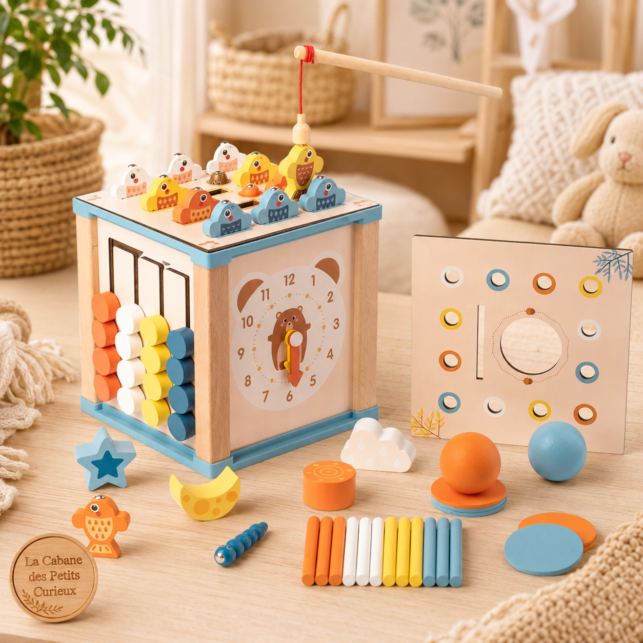 Cube d’activités en bois 9-en-1 – Éveil et motricité