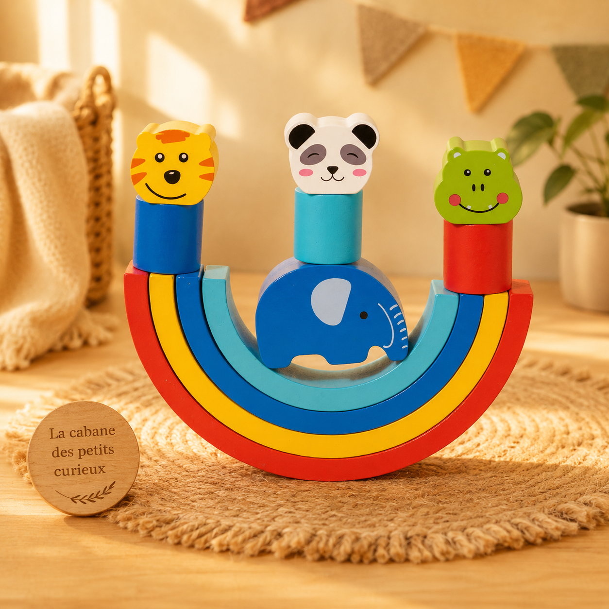 🦁 Jeu d'équilibre en bois – Animaux & Arc-en-ciel