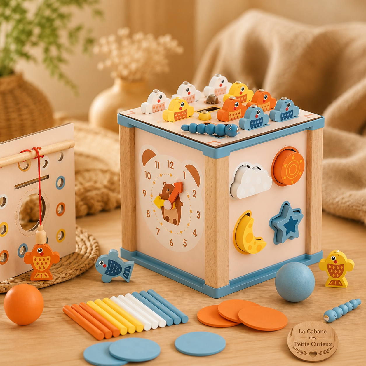 Cube d’activités en bois 9-en-1 – Éveil et motricité
