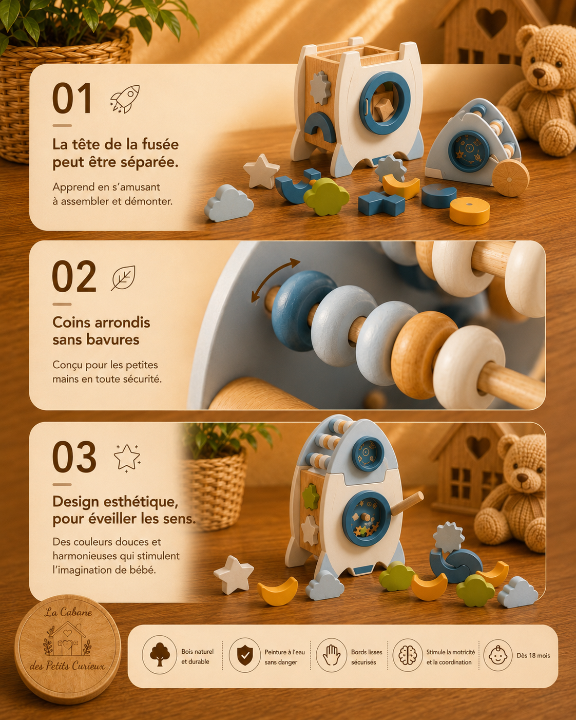 🚀 Fusée d'activités Montessori en Bois
