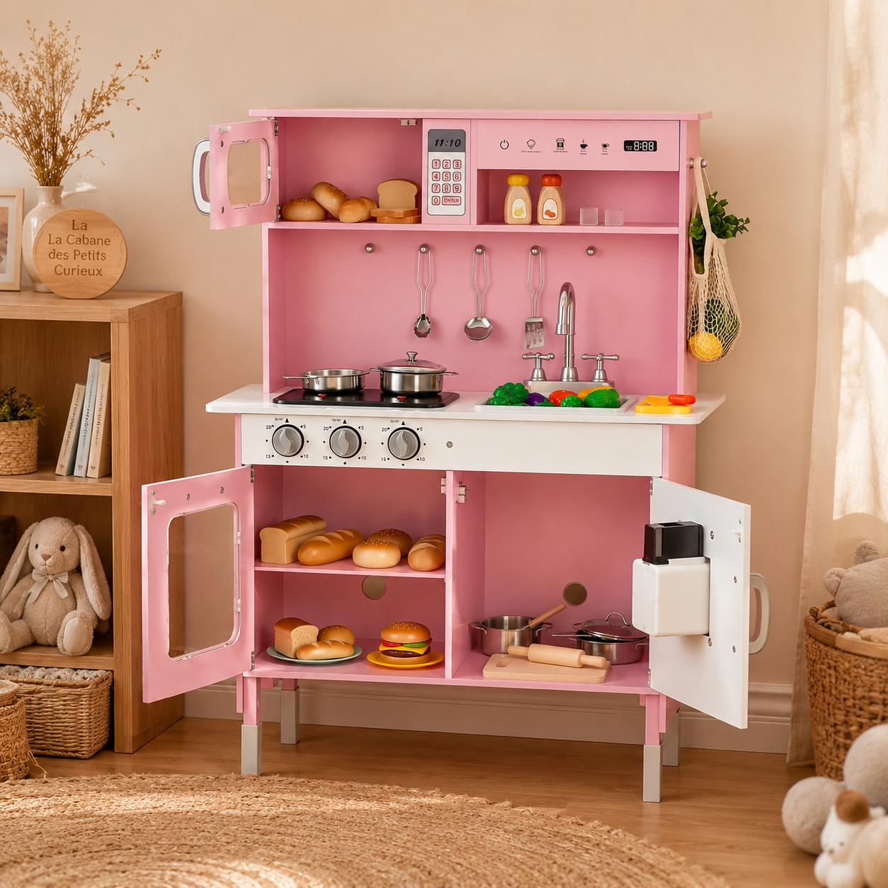 🍳 Cuisine en bois pour enfant avec lumières et sons – Rose