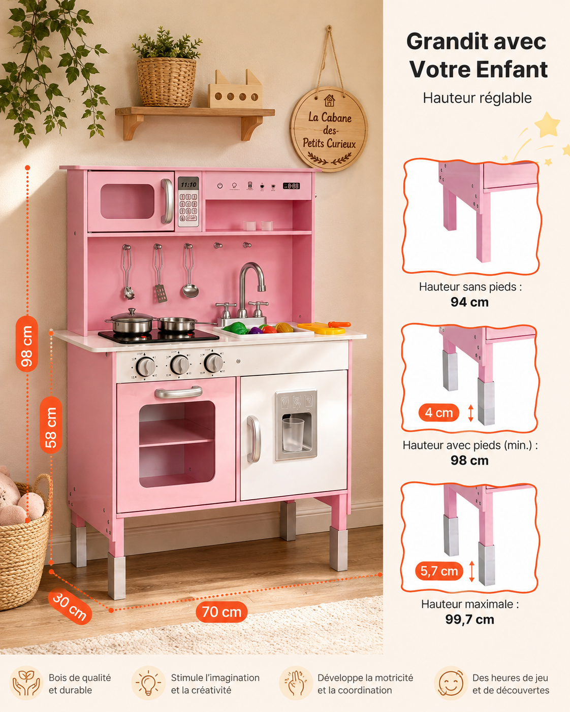🍳 Cuisine en bois pour enfant avec lumières et sons – Rose