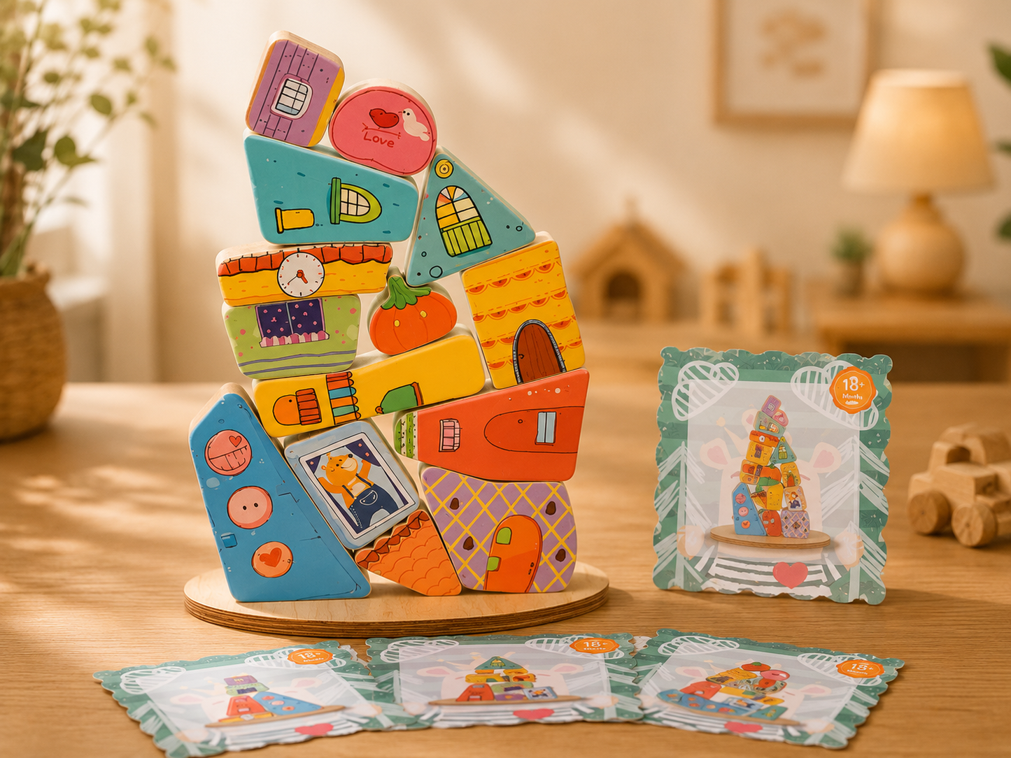 🏡 Jeu de construction coloré en bois – Équilibre & logique