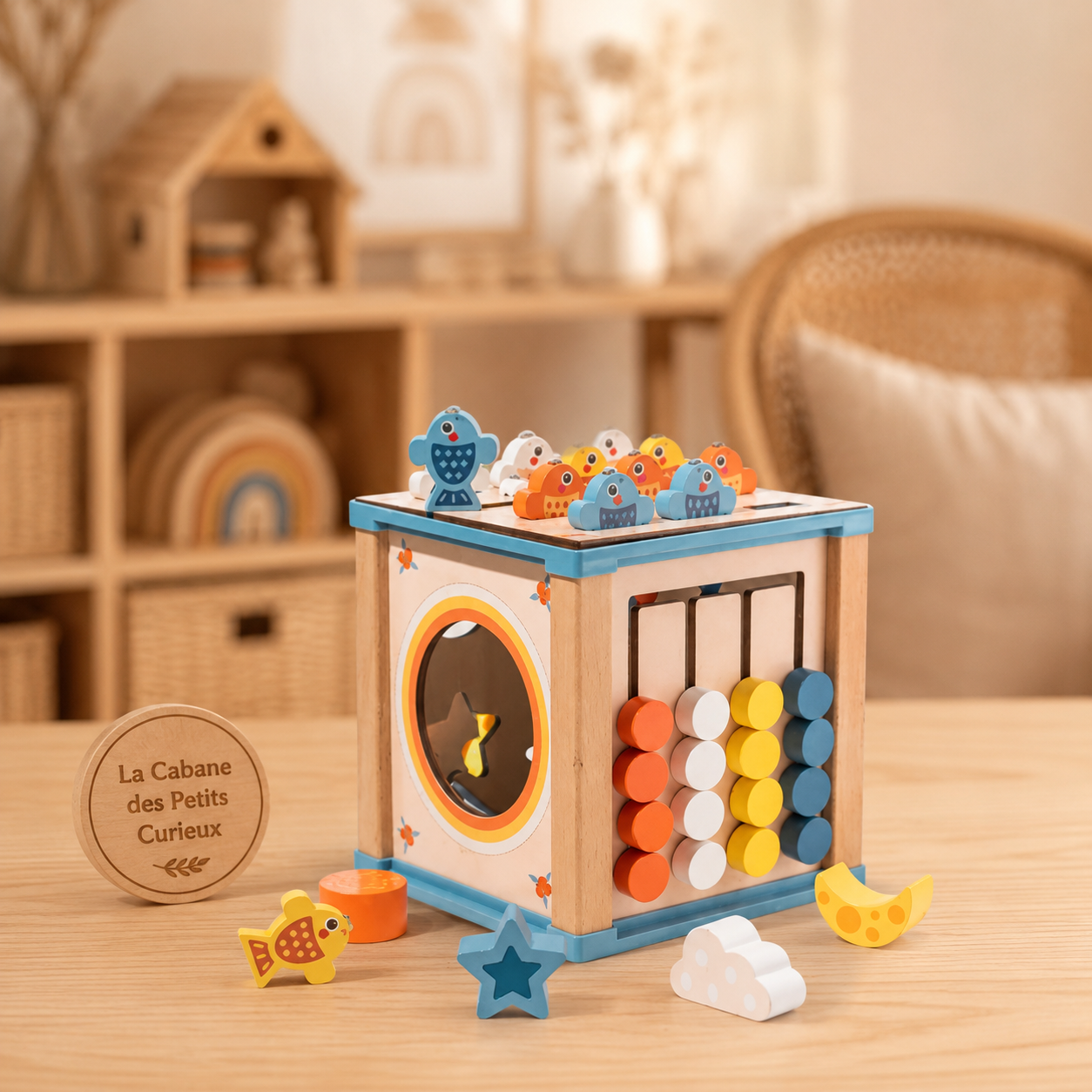 Cube d’activités en bois 9-en-1 – Éveil et motricité