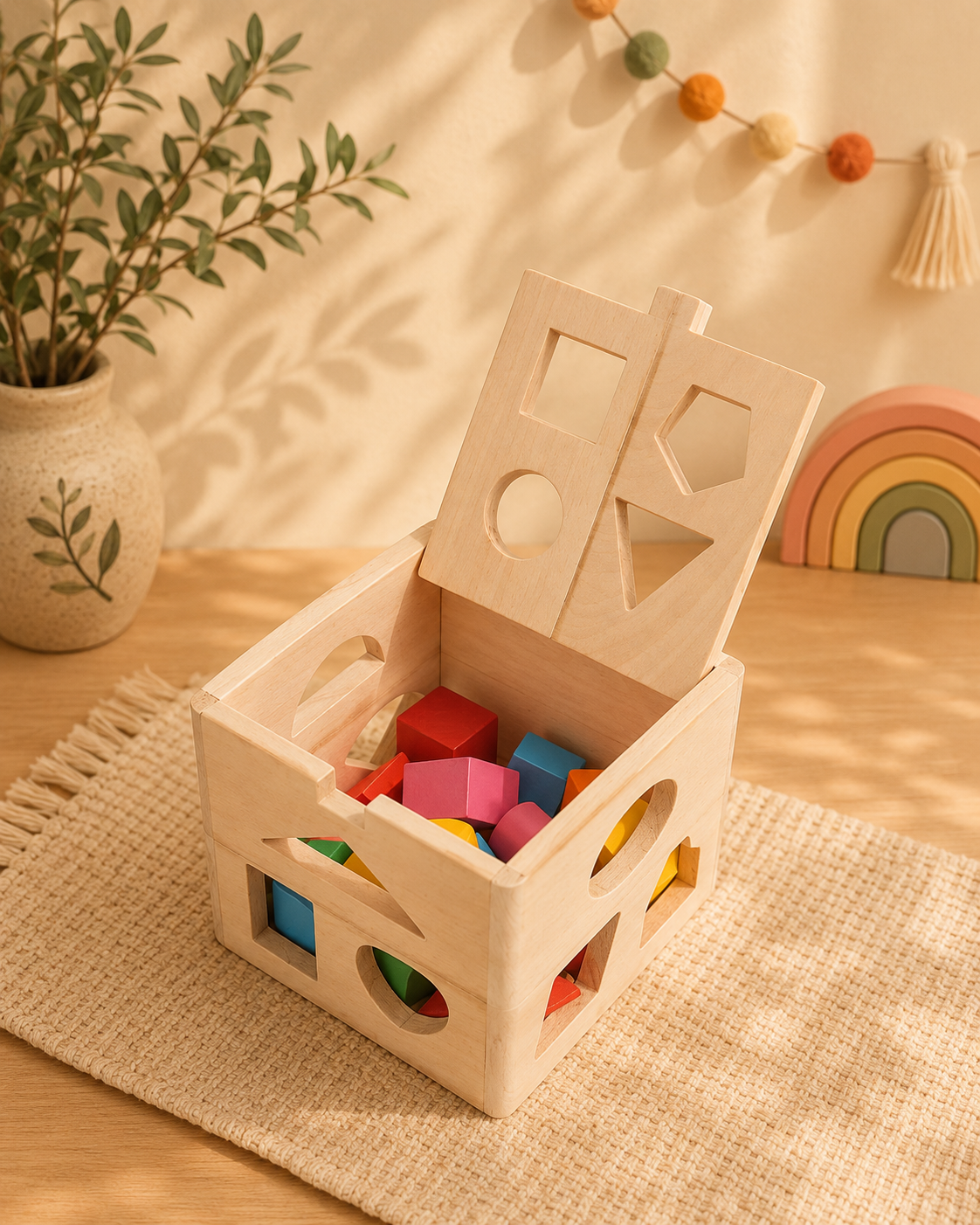 🌈 Cube Montessori – Boîte à formes en bois