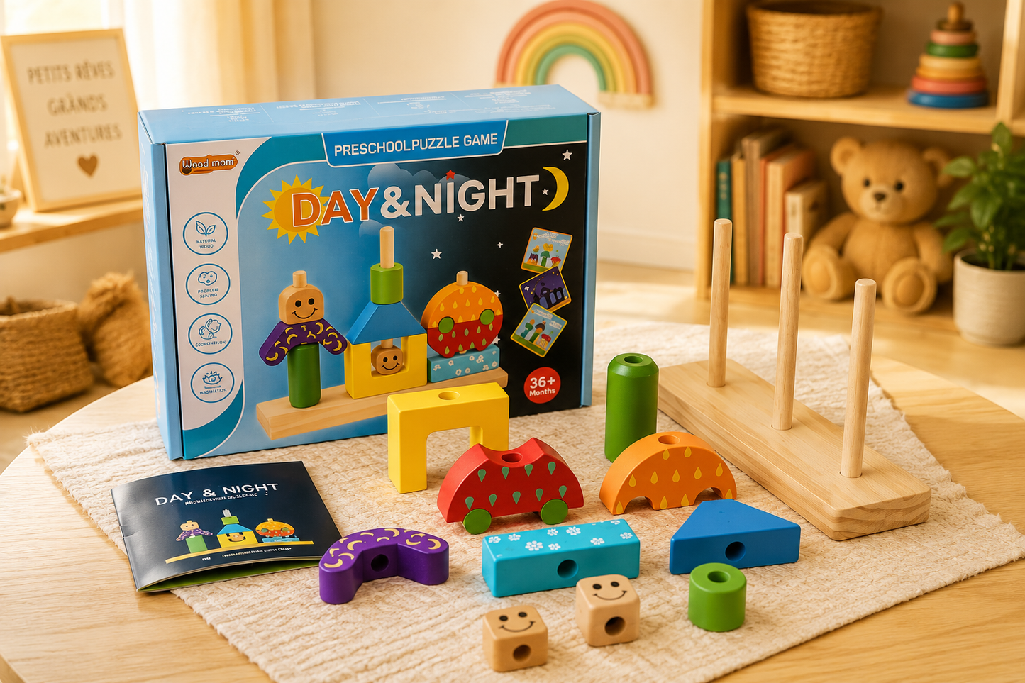 🧩 Jeu Montessori Jour & Nuit en Bois – Construction & Défis Logiques