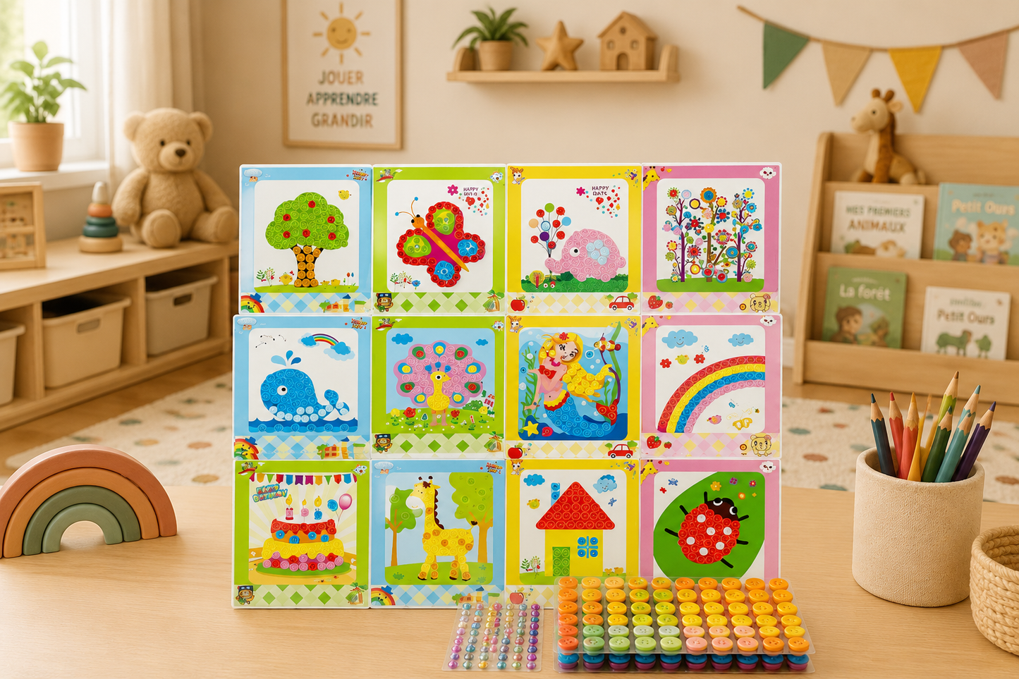 🖼️ Lot de 8 tableaux créatifs à boutons autocollants