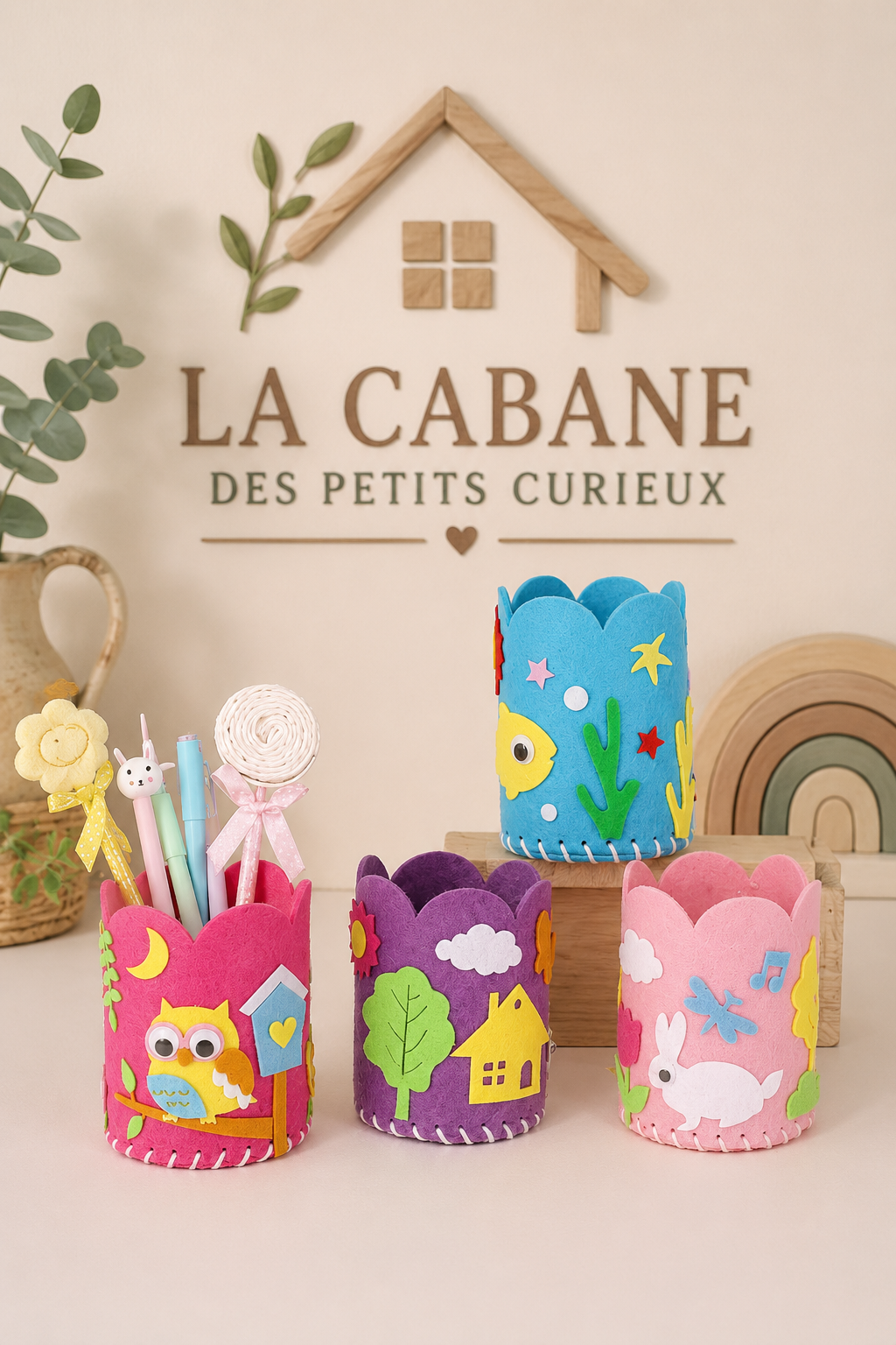 🌿 Ensemble de 5 porte-crayons en feutrine à créer