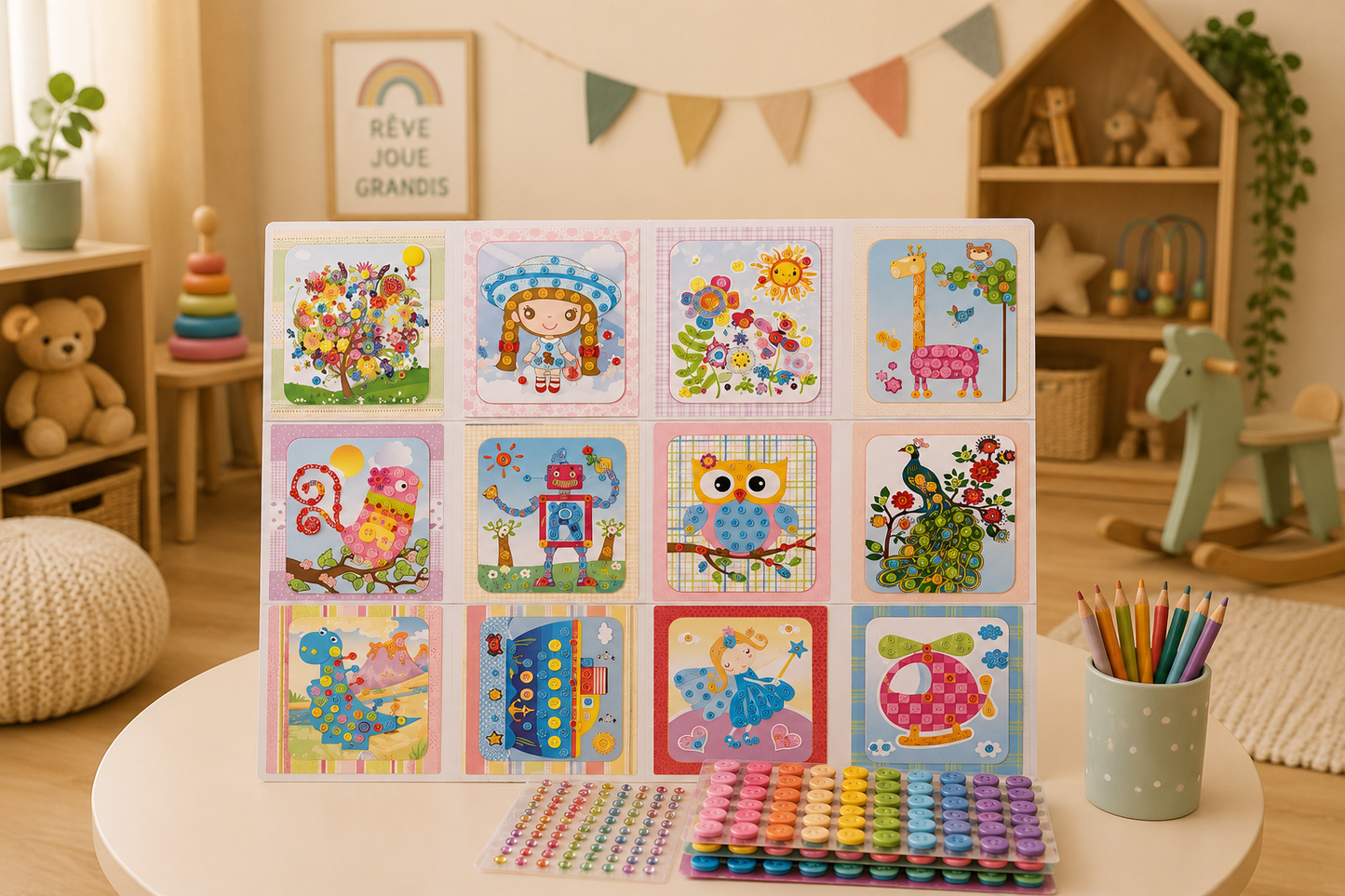 🖼️ Lot de 8 tableaux créatifs à boutons autocollants