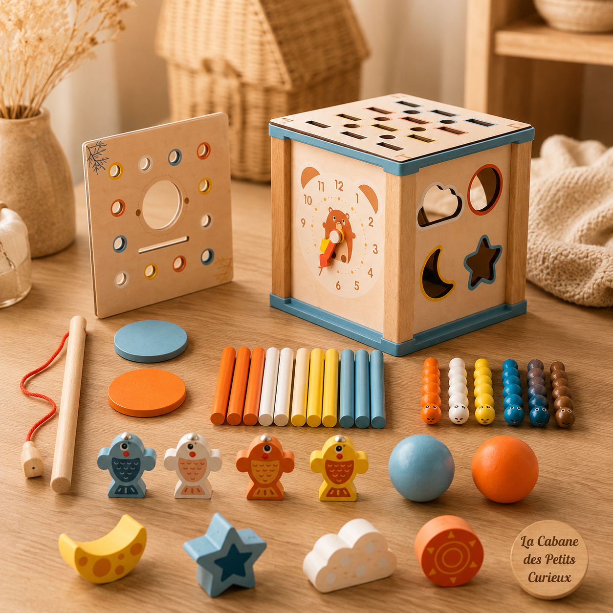 Cube d’activités en bois 9-en-1 – Éveil et motricité