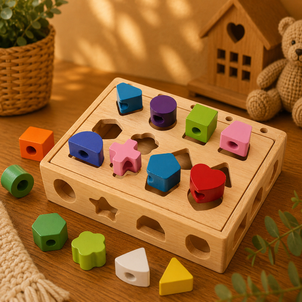 🧩 Coffret Montessori – Formes & Perles à Enfiler en Bois