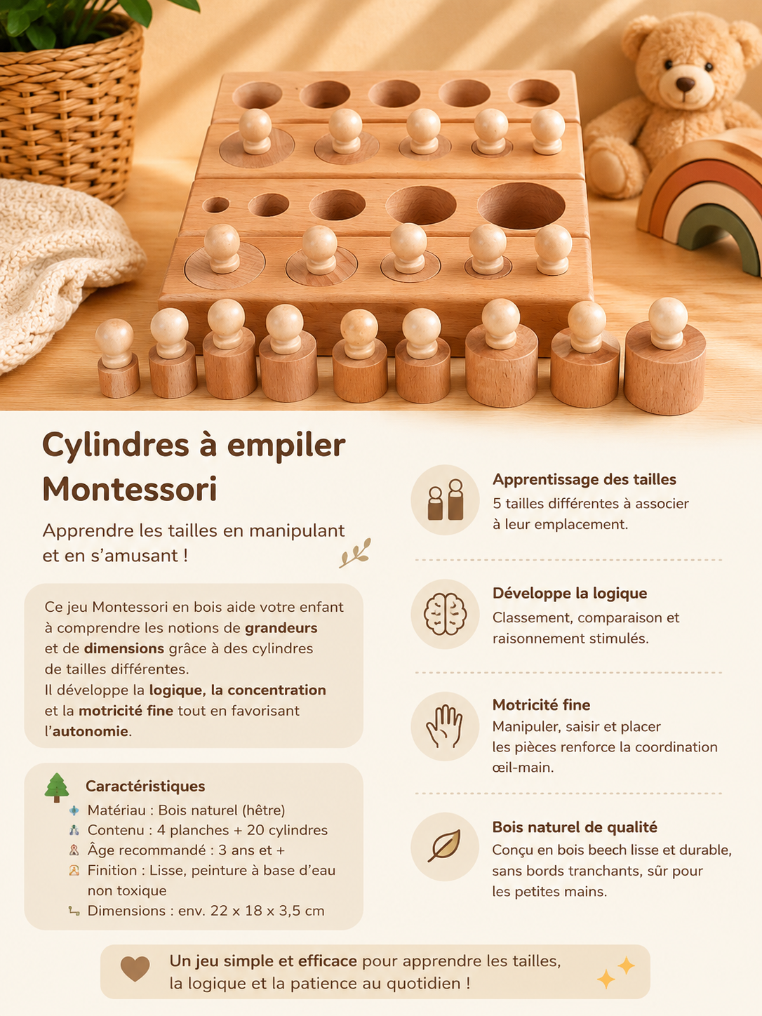 🪵 Cylindres Montessori en Bois – Apprendre les tailles en s'amusant