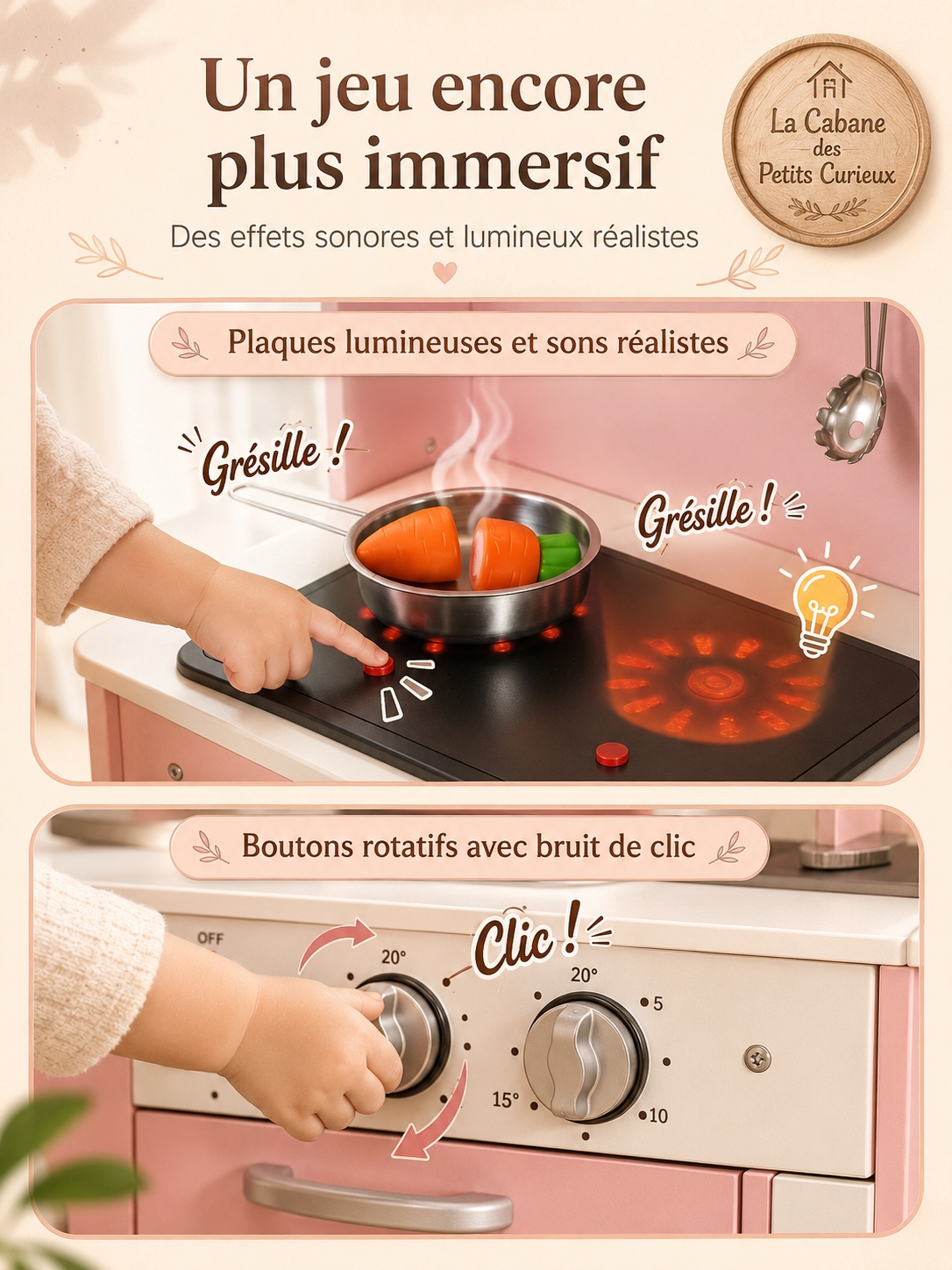 🍳 Cuisine en bois pour enfant avec lumières et sons – Rose