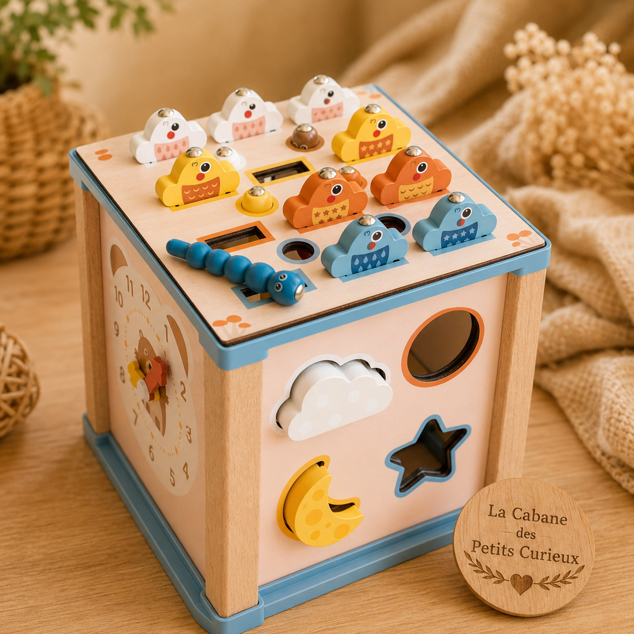 Cube d’activités en bois 9-en-1 – Éveil et motricité