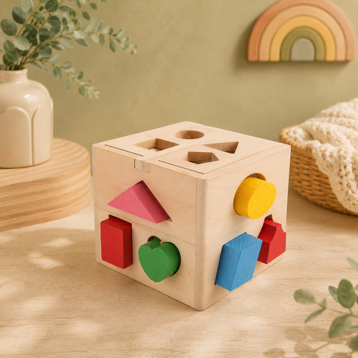 🌈 Cube Montessori – Boîte à formes en bois