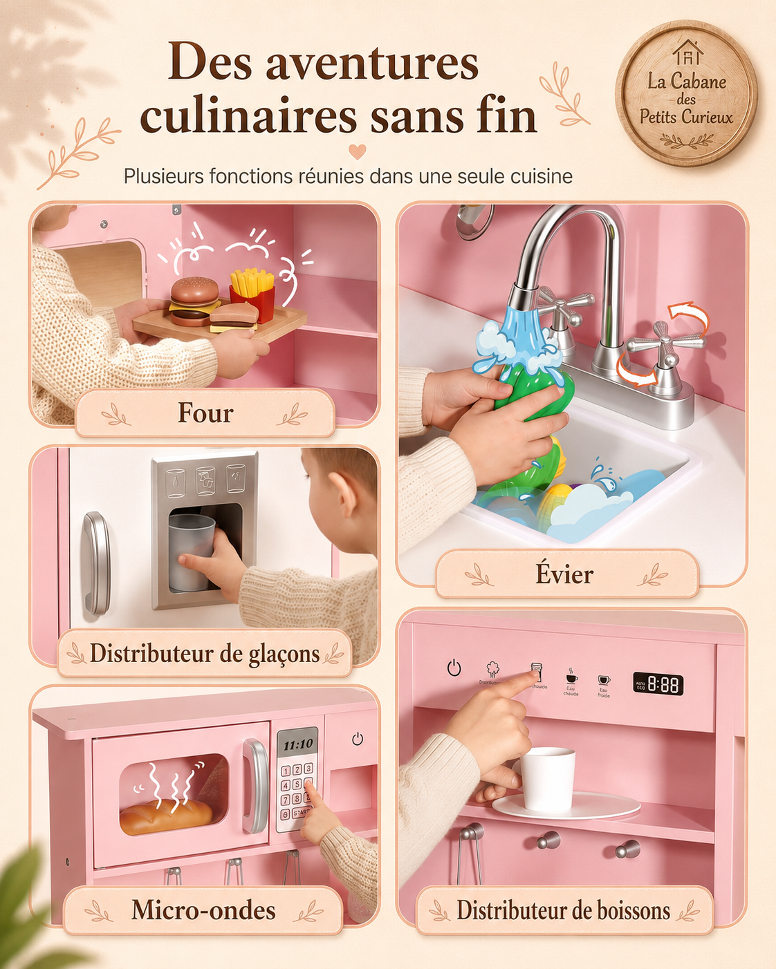 🍳 Cuisine en bois pour enfant avec lumières et sons – Rose