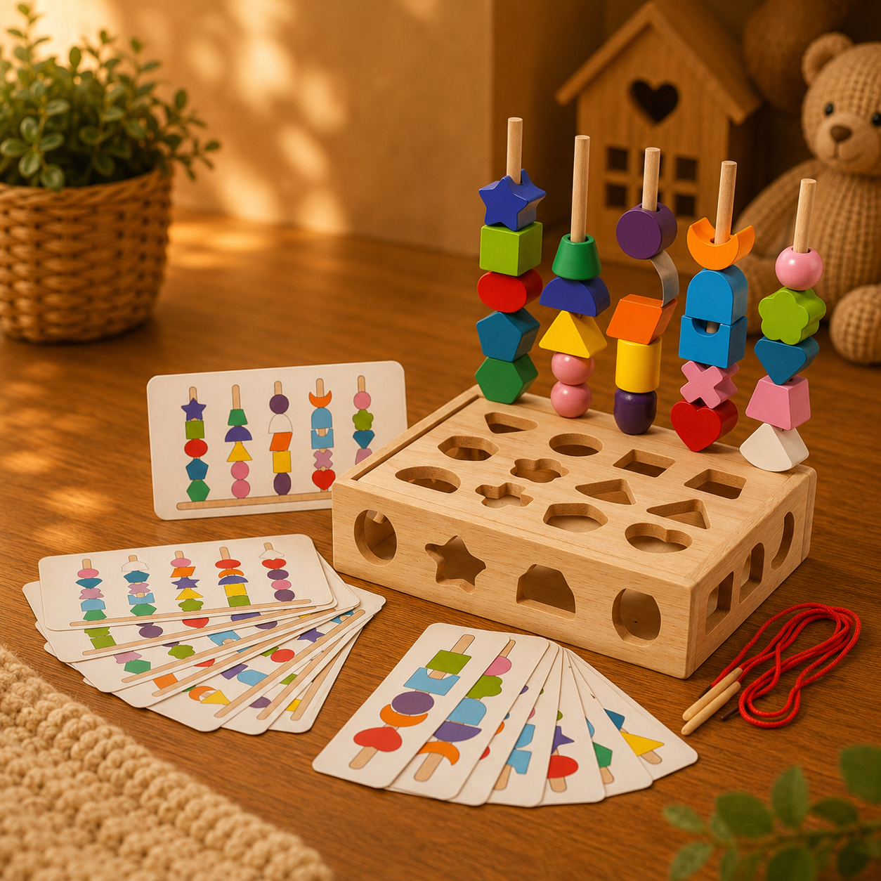 🧩 Coffret Montessori – Formes & Perles à Enfiler en Bois