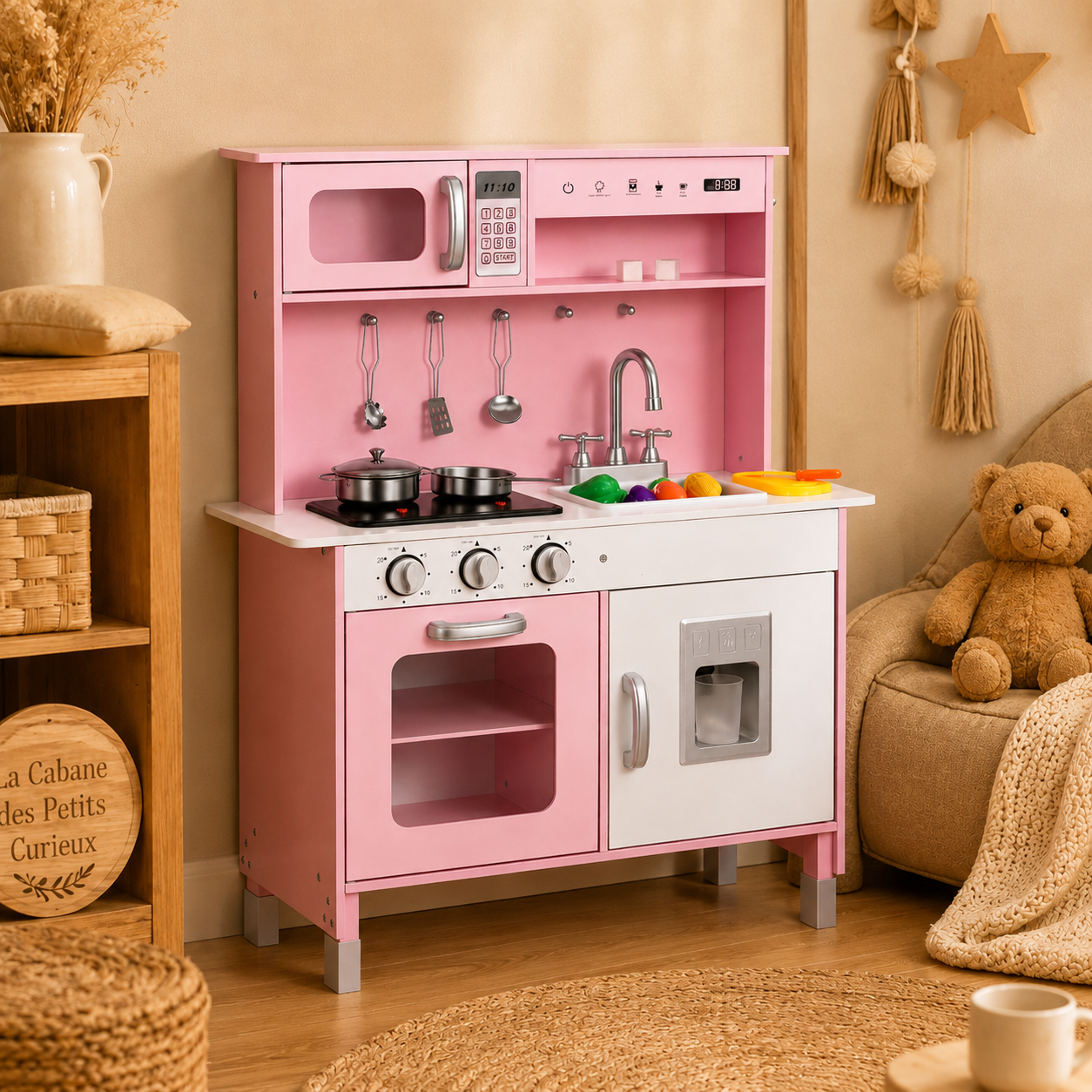 🍳 Cuisine en bois pour enfant avec lumières et sons – Rose