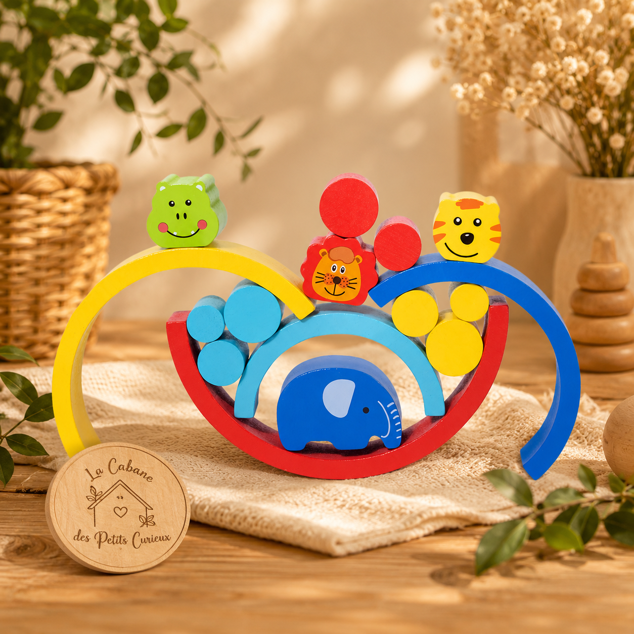 🦁 Jeu d'équilibre en bois – Animaux & Arc-en-ciel