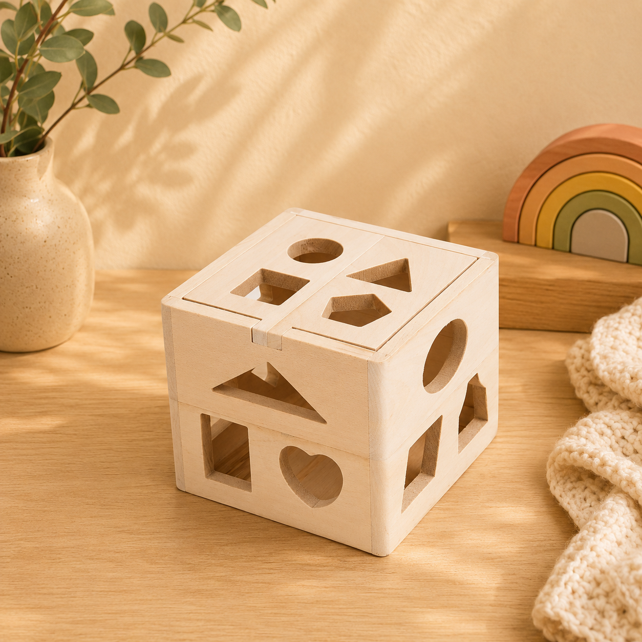 🌈 Cube Montessori – Boîte à formes en bois