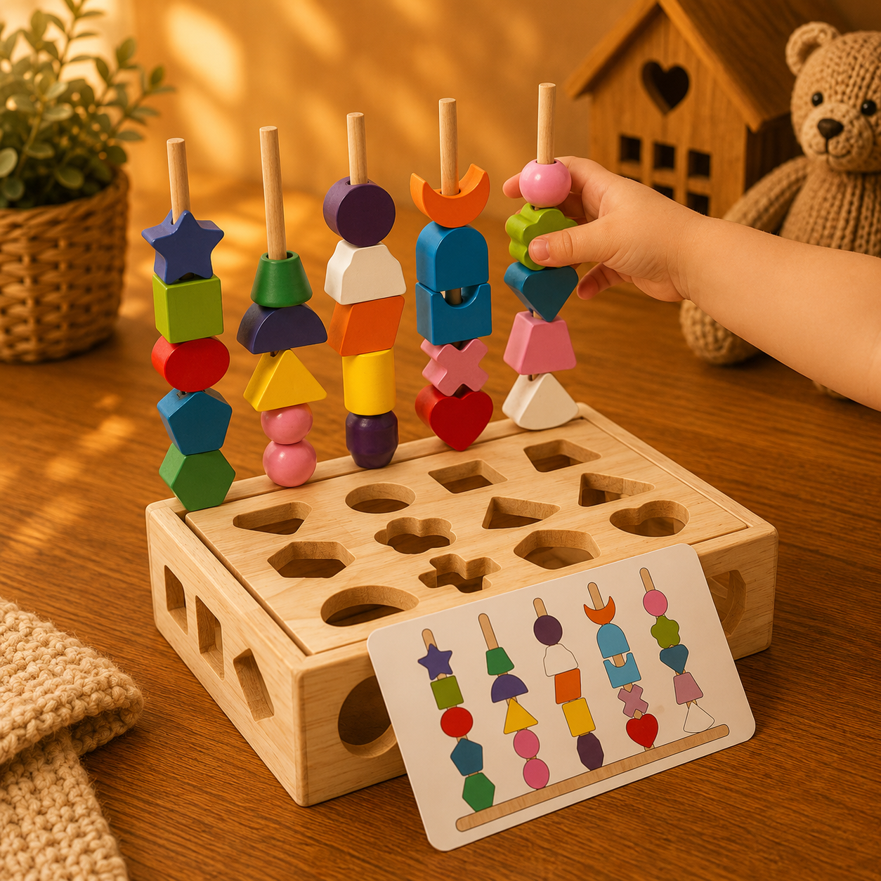 🧩 Coffret Montessori – Formes & Perles à Enfiler en Bois