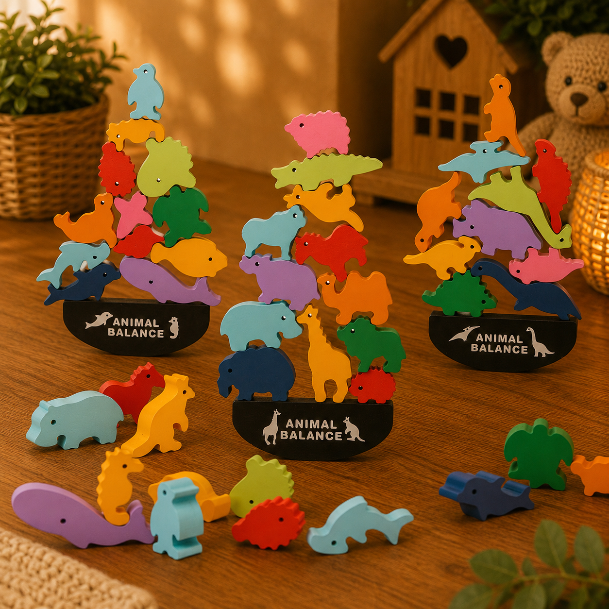 🦕 Jeu d'équilibre Montessori – Animaux en bois
