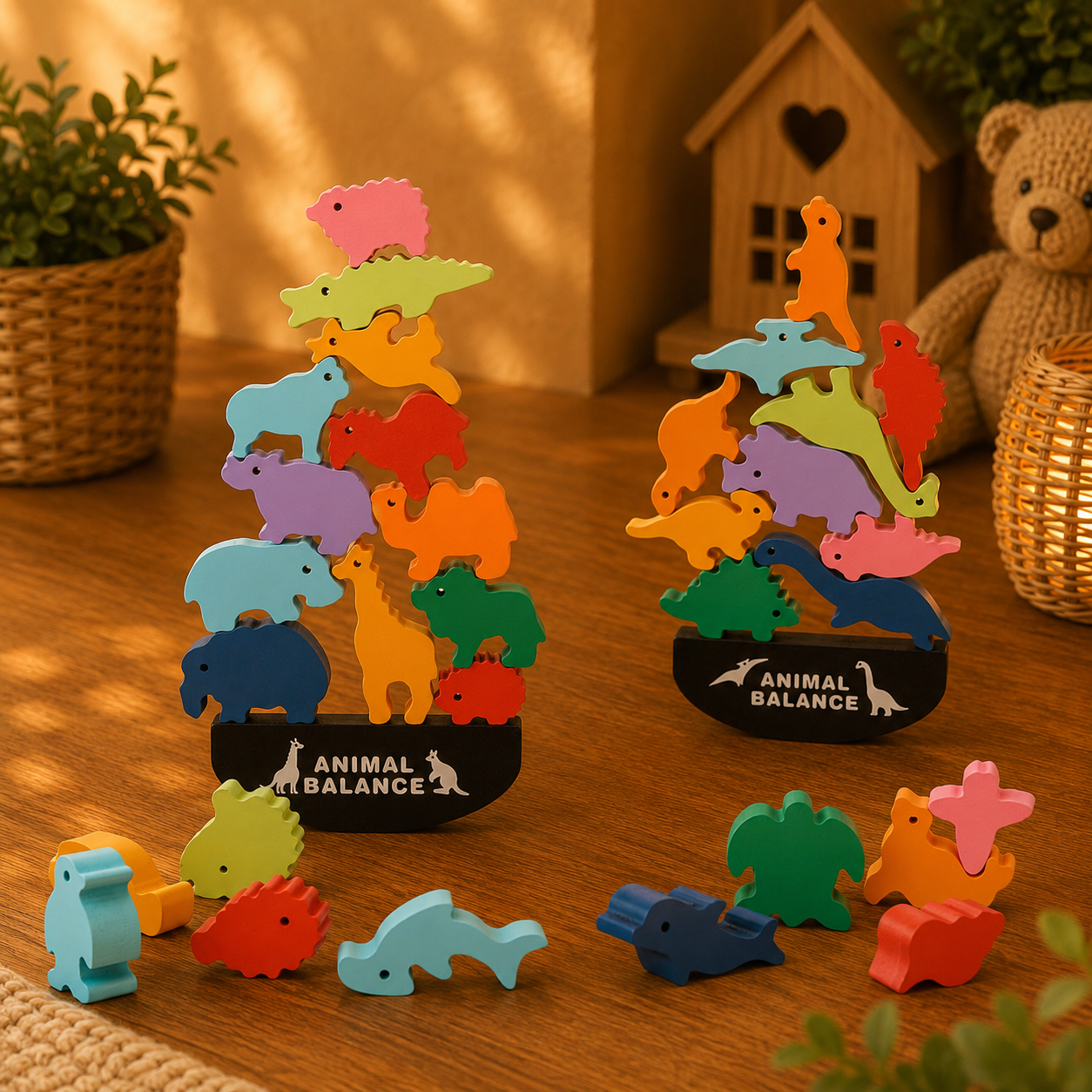 🦕 Jeu d'équilibre Montessori – Animaux en bois