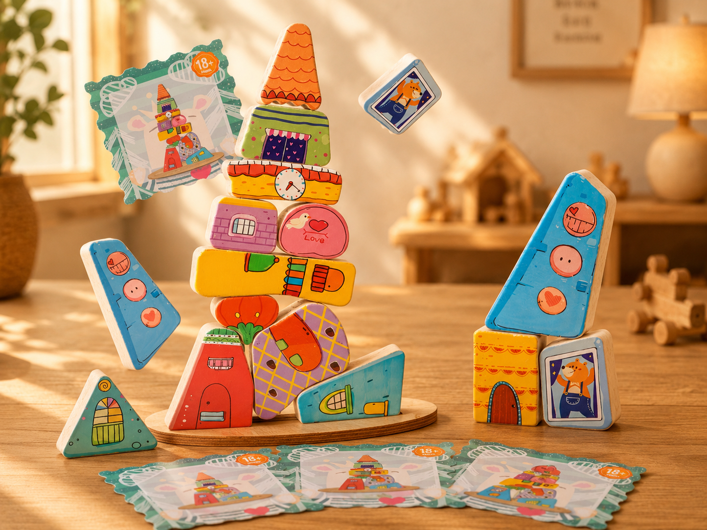 🏡 Jeu de construction coloré en bois – Équilibre & logique