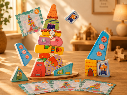 🏡 Jeu de construction coloré en bois – Équilibre & logique