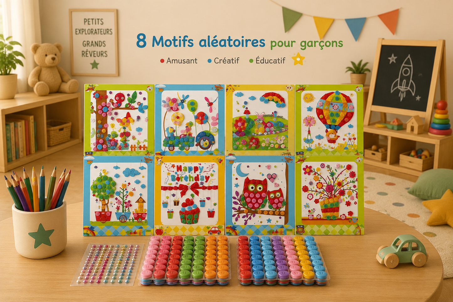 🖼️ Lot de 8 tableaux créatifs à boutons autocollants