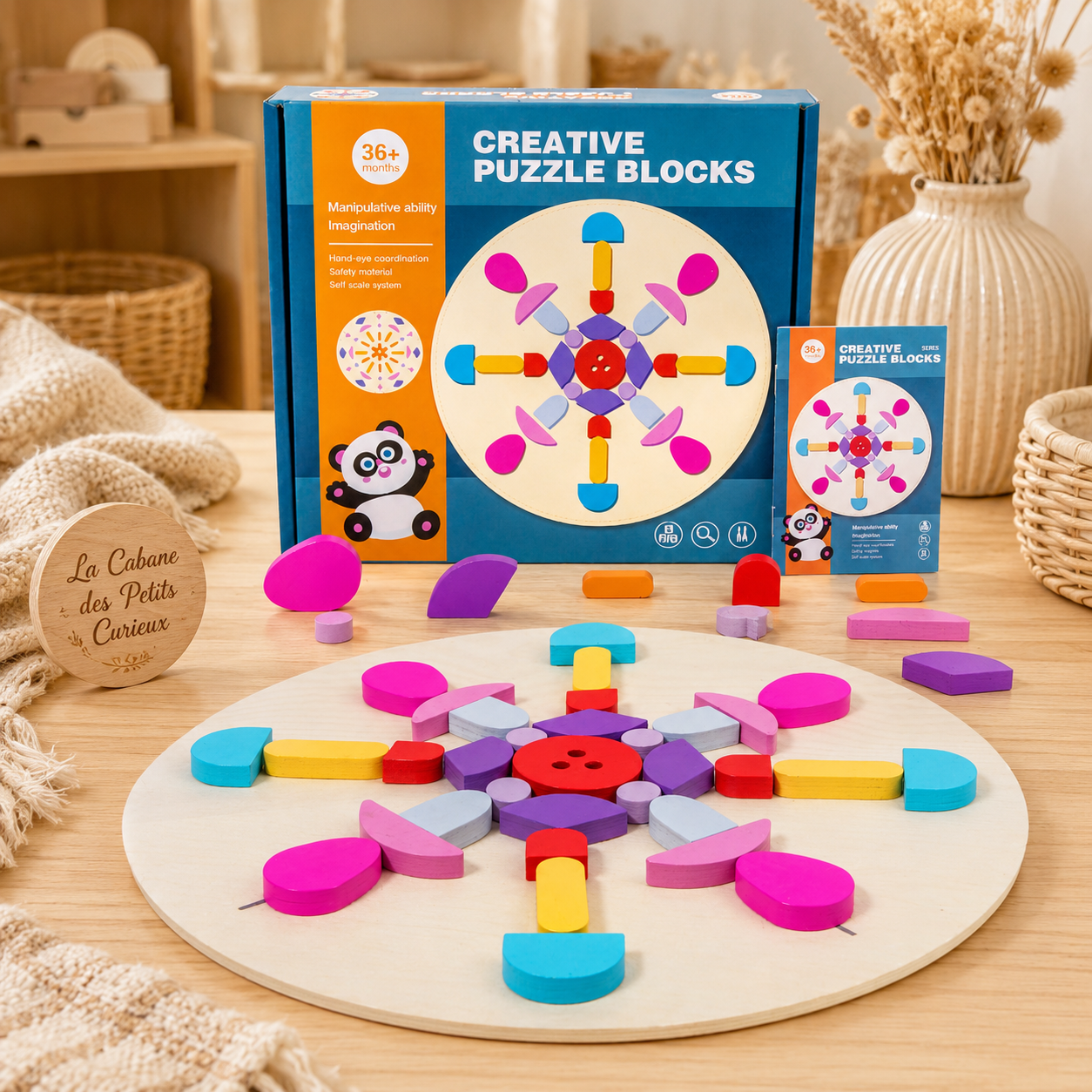 Puzzle mandala en bois – Jeu créatif de formes colorées