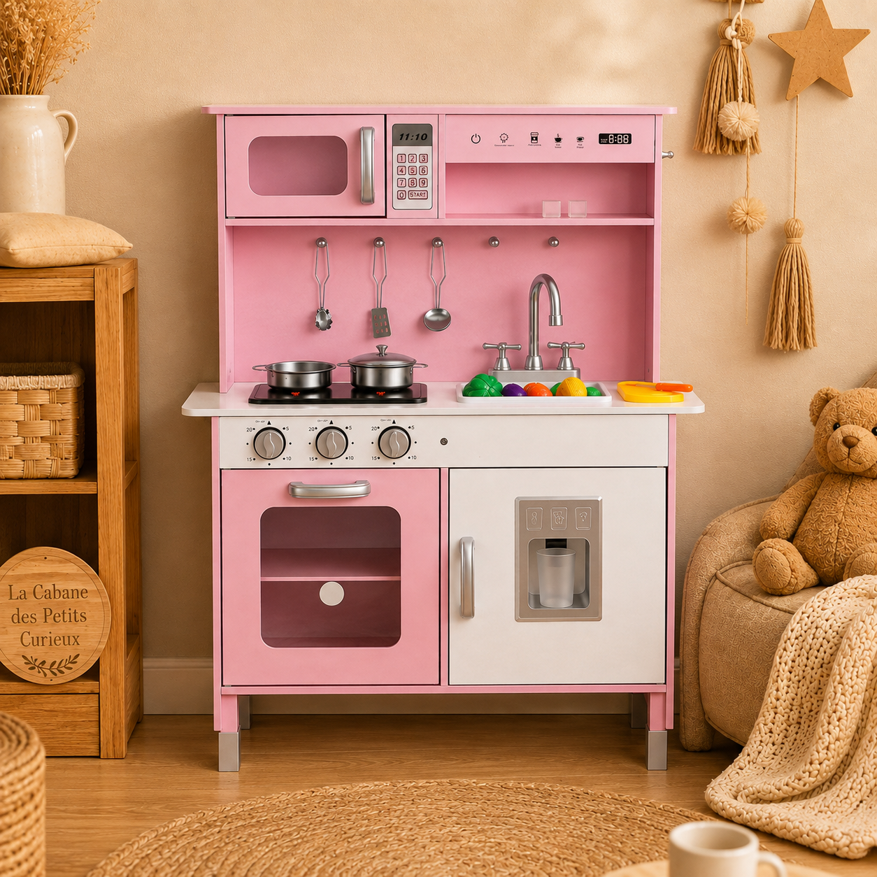 🍳 Cuisine en bois pour enfant avec lumières et sons – Rose